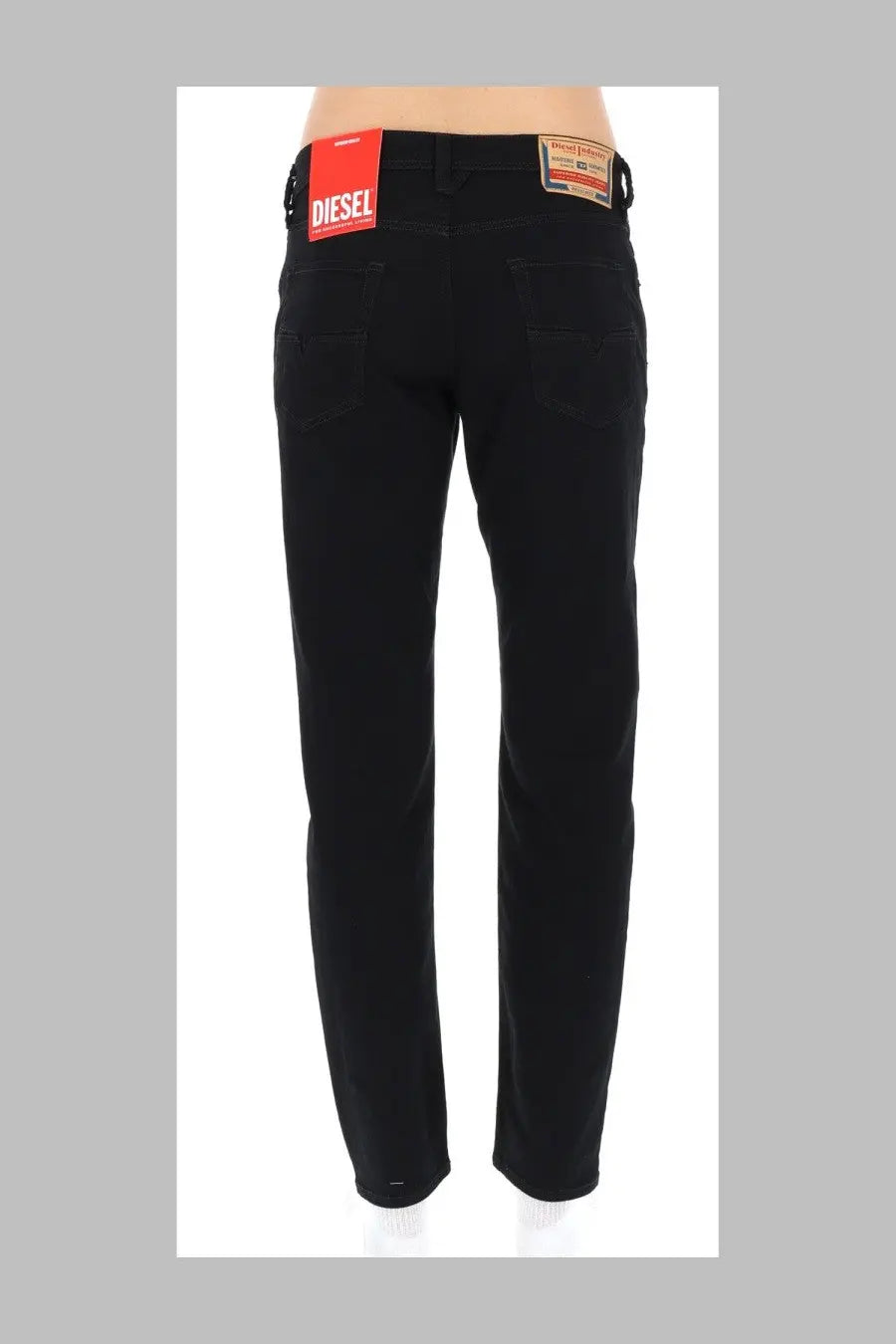 Diesel men’s jeans larkee beex black straight-leg black denim with red brand label at the waistband showing back side