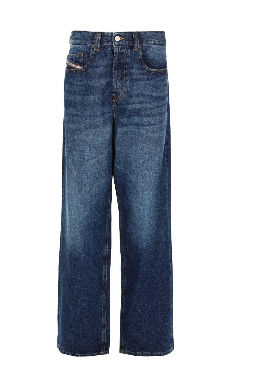 Diesel men’s jeans macro blue dark blue denim with relaxed wide-leg cut and subtle fading for a worn-in look
