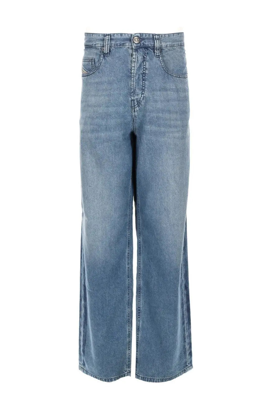 Diesel men’s jeans macro blue light-wash denim with wide-leg cut and classic five-pocket design front view