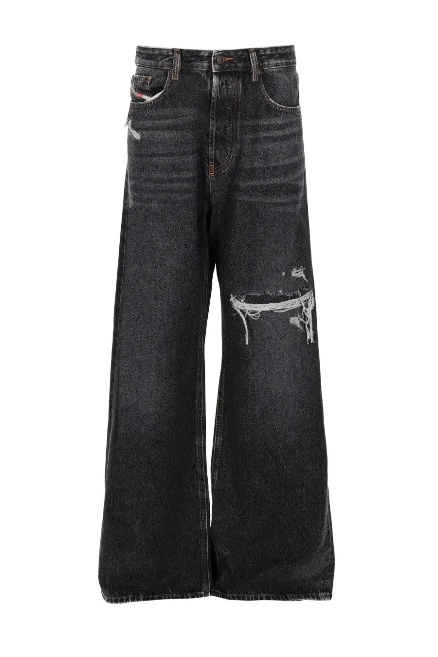 Diesel men’s black distressed denim jeans with wide-leg cut and frayed ripped details in a rise fit