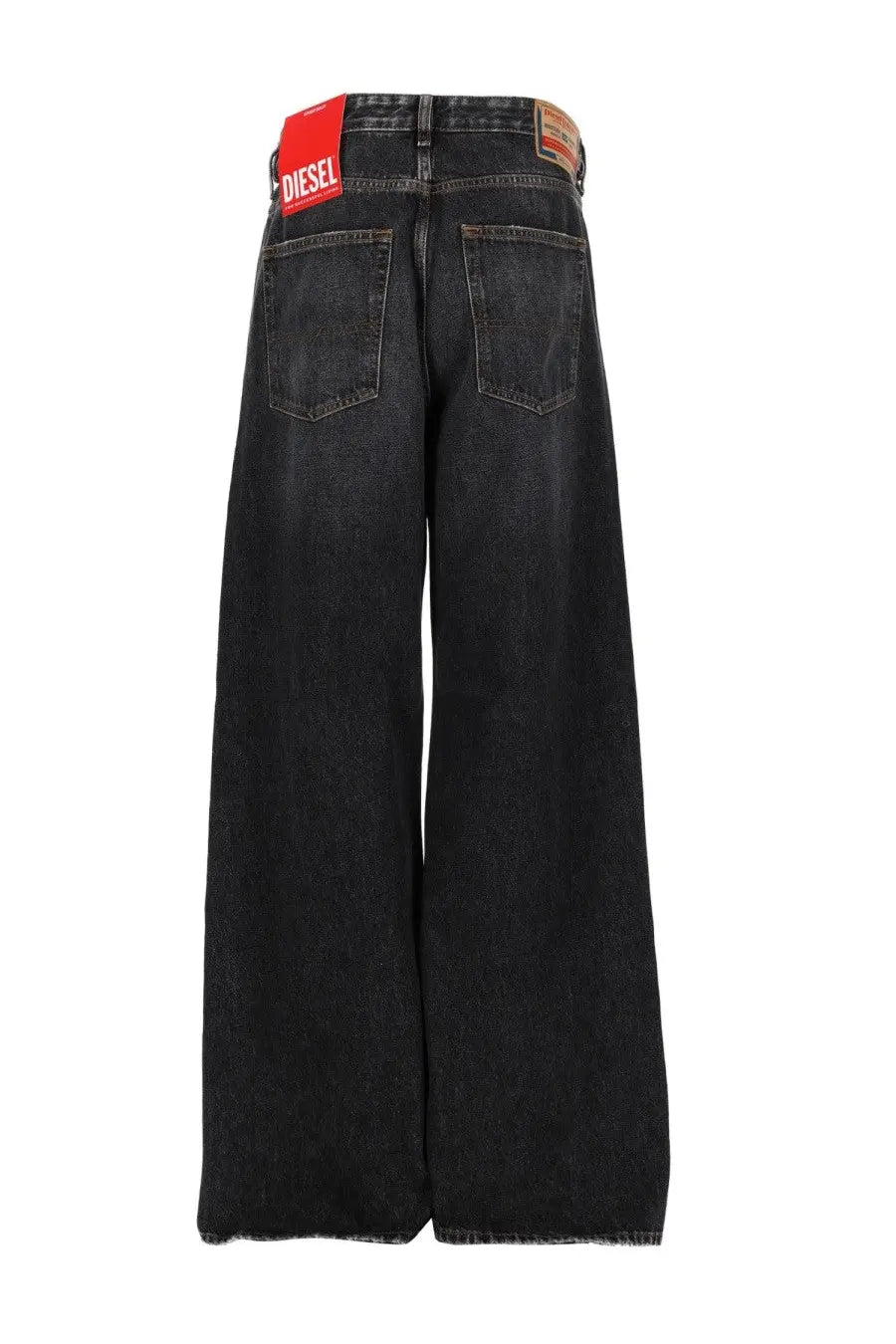 Black wide-leg denim jeans with faded wash and frayed hems featuring Diesel brand label at waistband