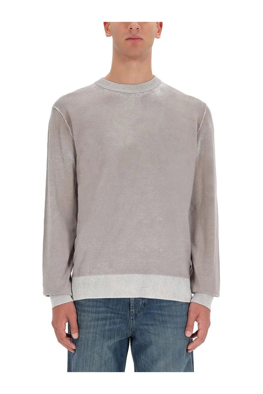Diesel men’s larence jersey grey soft light gray crewneck sweater with subtle textured knit and contrasting ribbed cuffs and hem