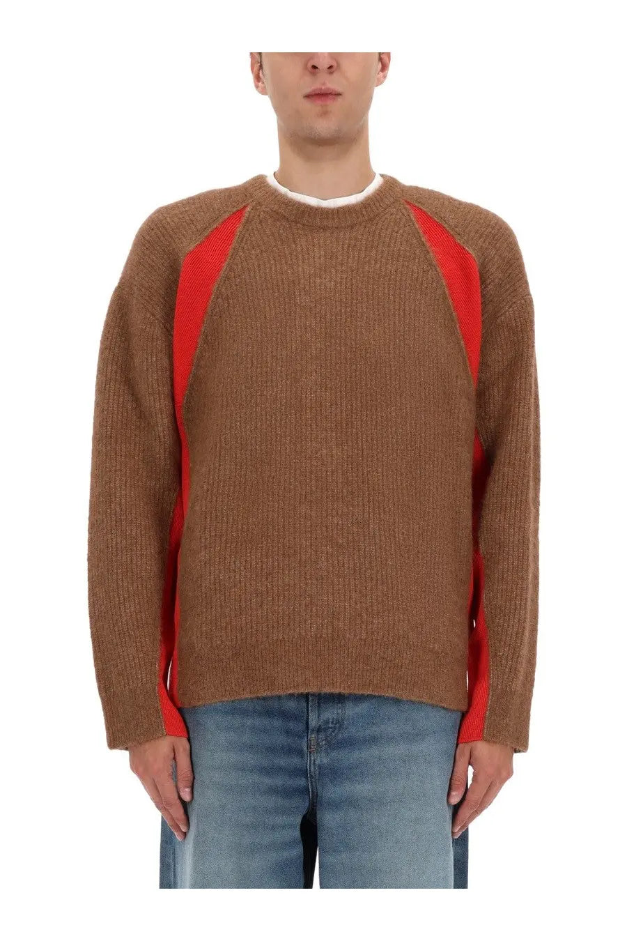 Diesel men’s Lollo sweater multicolor brown ribbed knit with bold red contrast panels on sleeves and sides