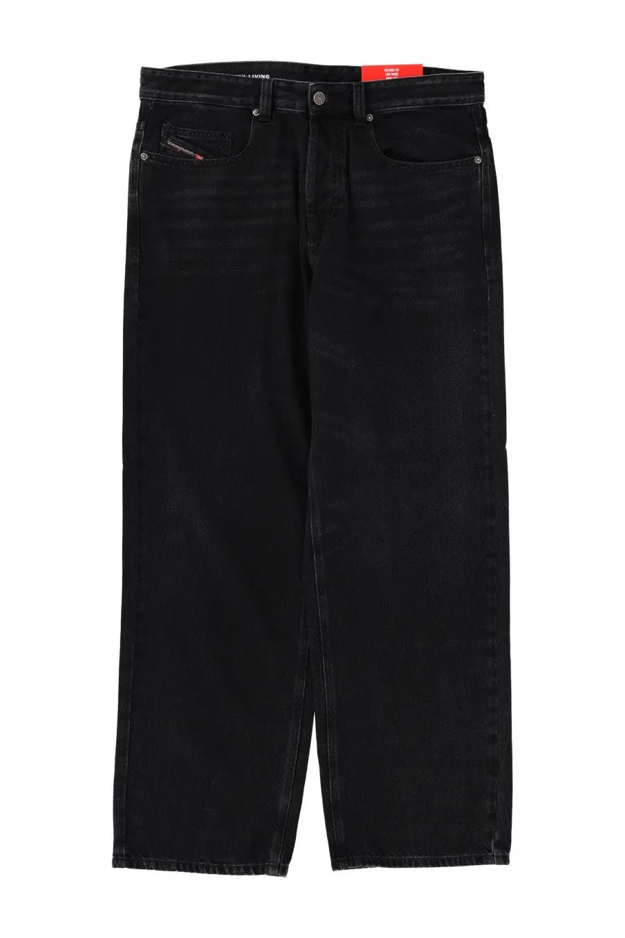 Back side of diesel men’s macro black denim jeans with straight-leg cut subtle fading and diesel logo on back pocket