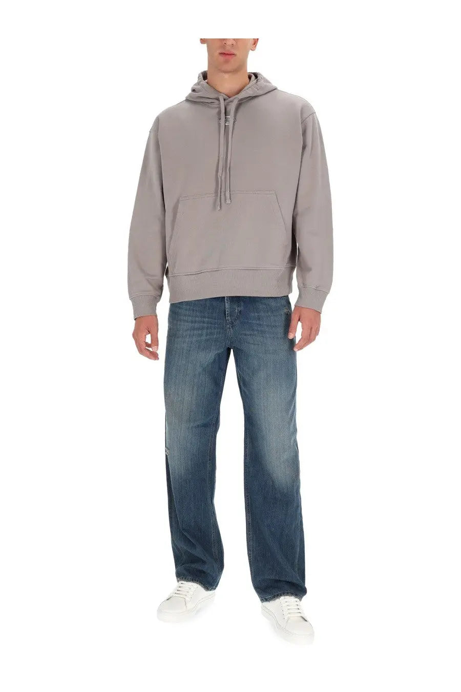 Gray hooded sweatshirt with front pocket and drawstring paired with Diesel men’s blue Macro jeans
