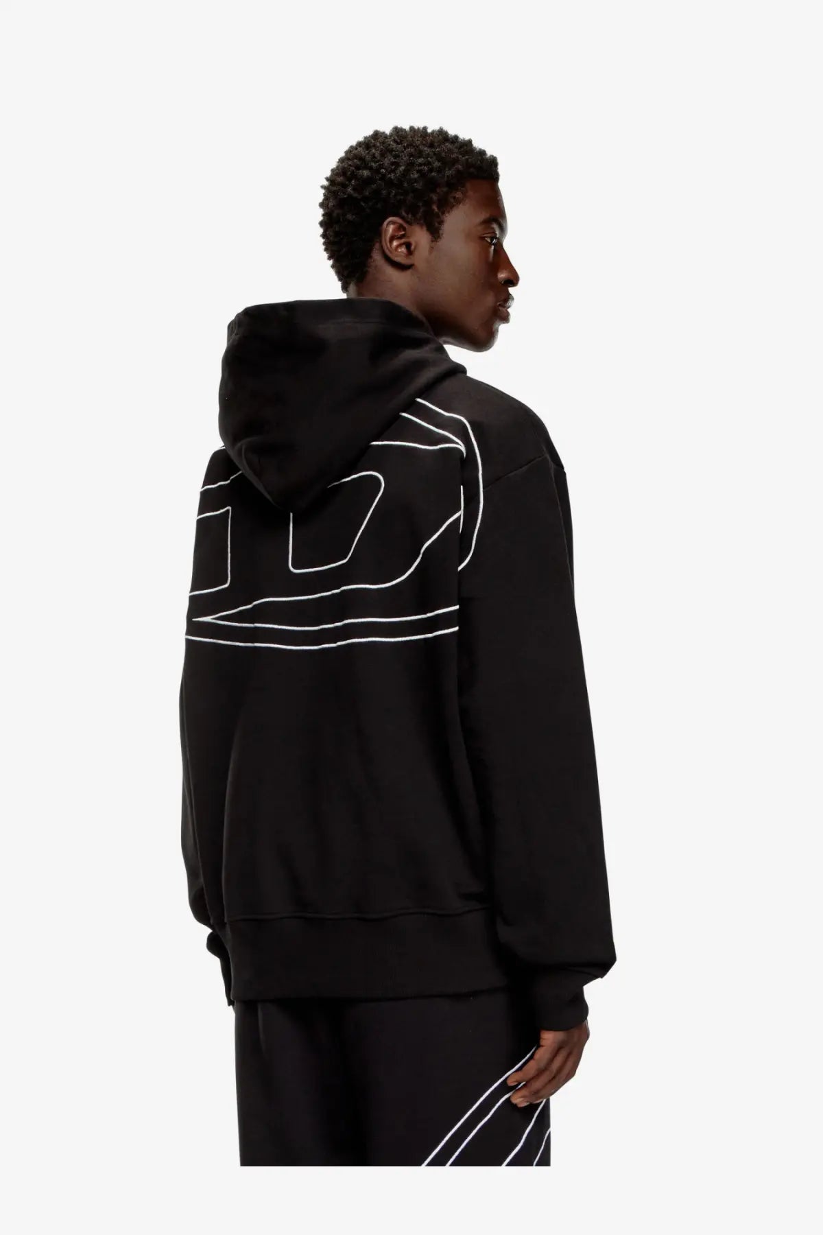 Black Diesel men’s Macs cotton sweatshirt showing back with bold white geometric line art on black hoodie