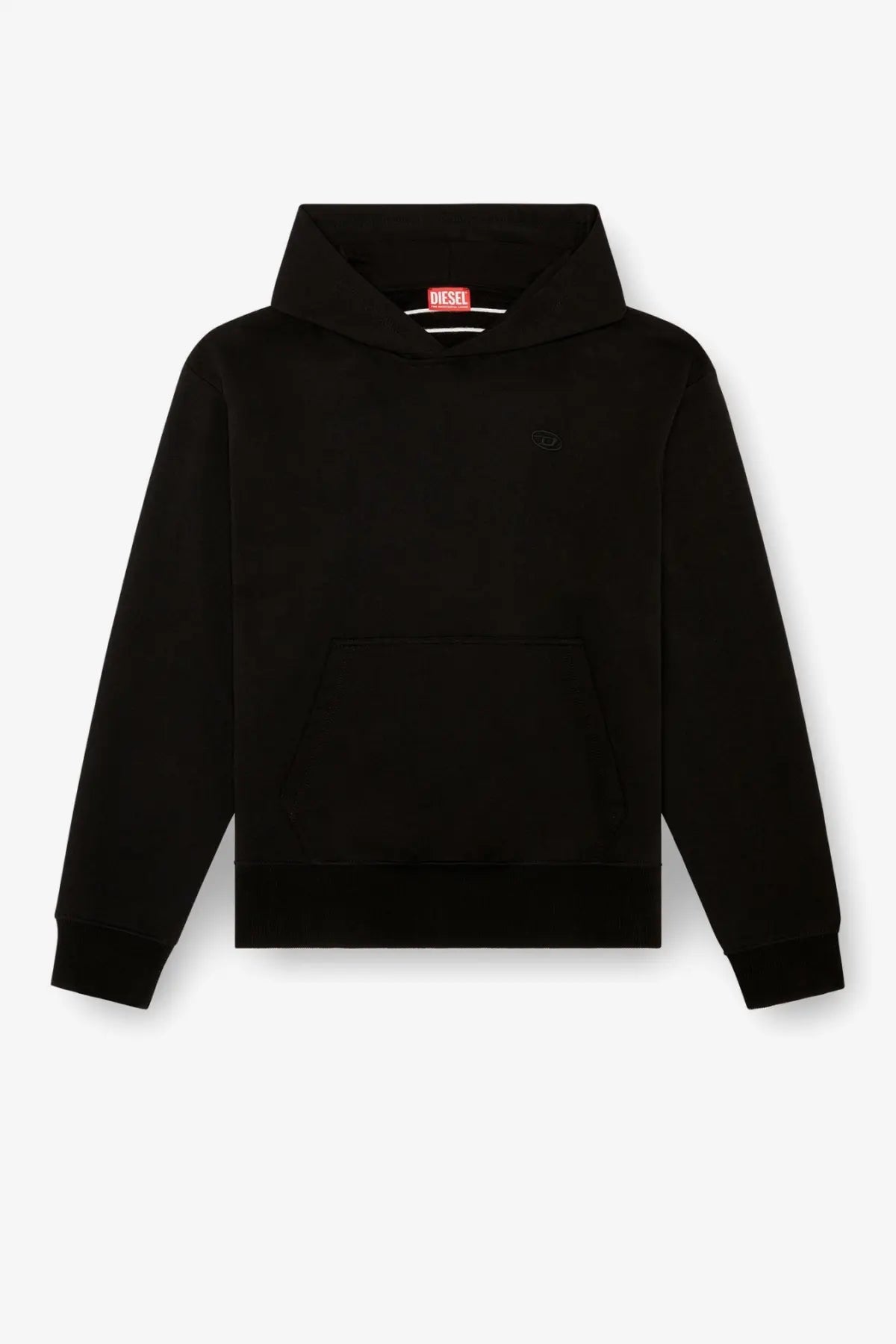Diesel men’s Macs black cotton sweatshirt with subtle embroidered logo and red brand tag at the neckline