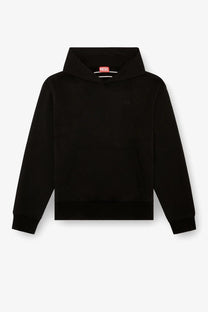Diesel men’s black cotton sweatshirt with subtle embroidered logo and red brand tag at neckline visible in the image