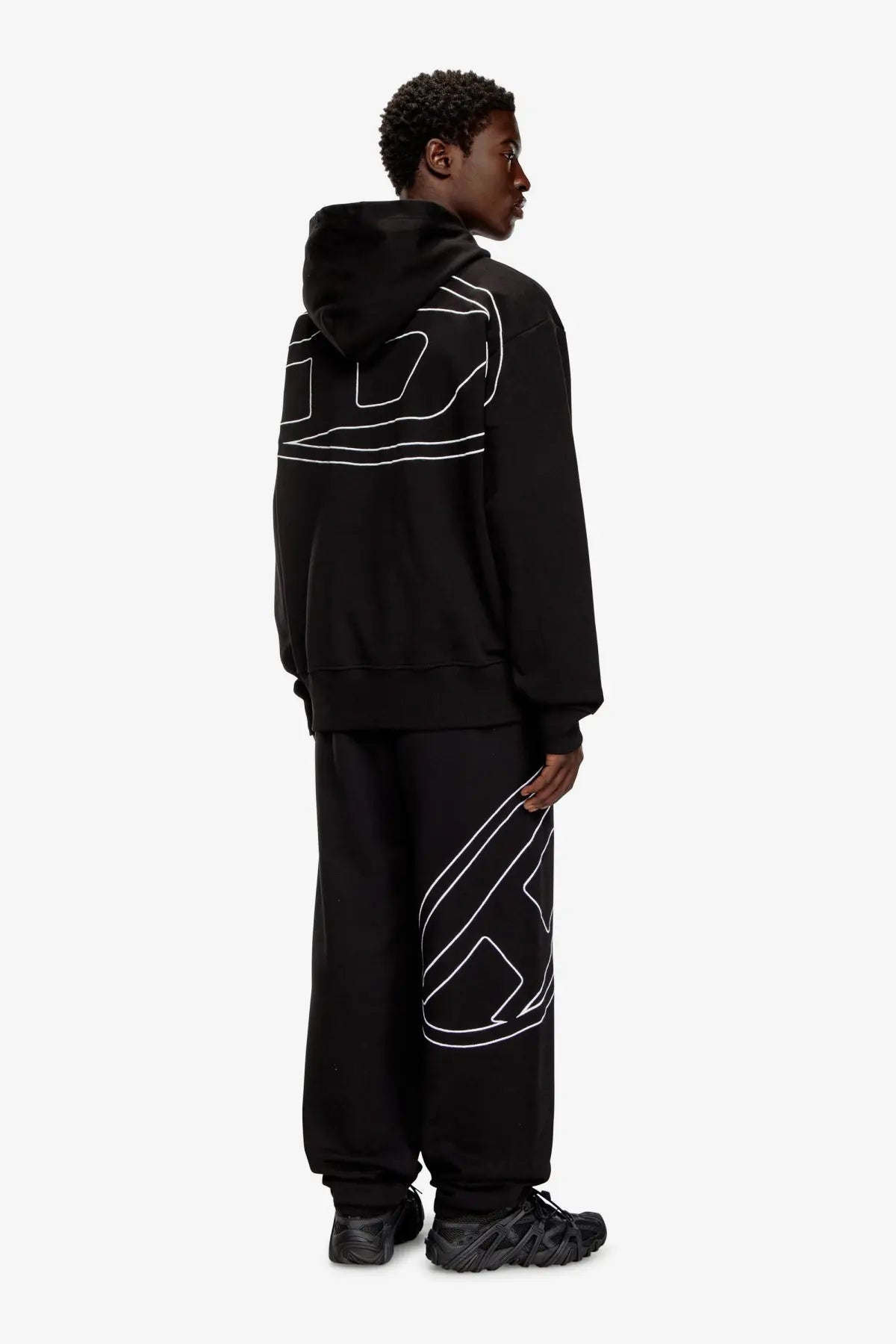 Diesel men’s macs cotton sweatshirt black showing back side with white geometric line art on relaxed fit hoodie