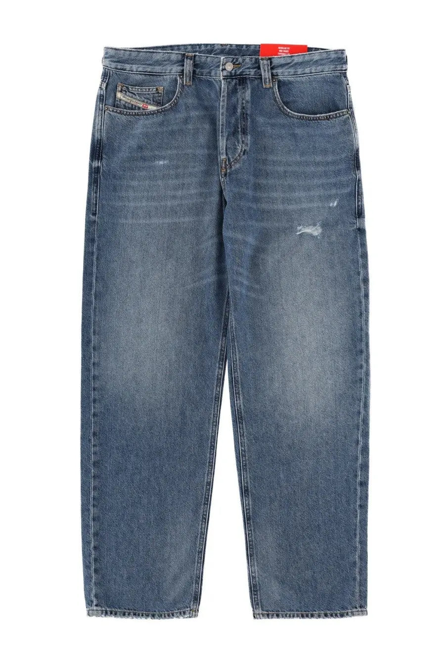 Diesel men’s Macs jeans in blue denim with faded wash and subtle distressing featuring Diesel logo on front pocket