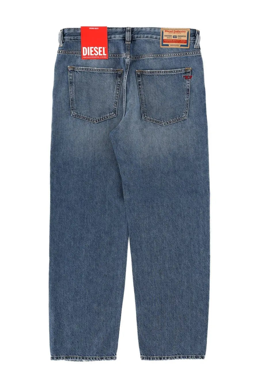 Blue denim men’s jeans with faded wash and red diesel brand tag on waistband from diesel macs collection
