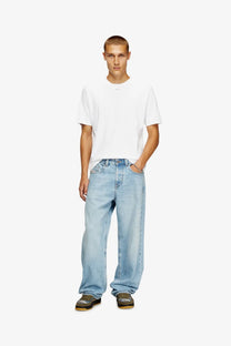 Diesel men’s madjust tr cotton shirt white paired with light-wash denim jeans with relaxed wide-leg cut