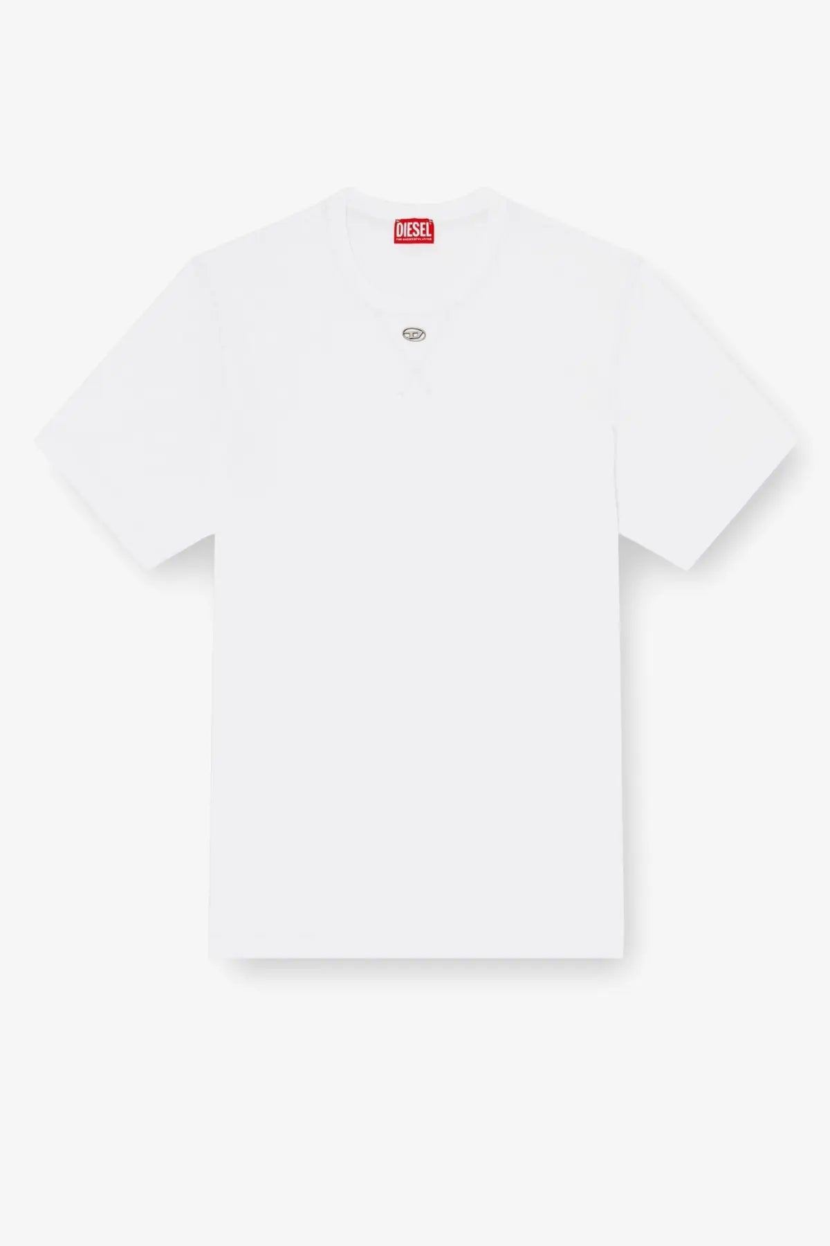 Diesel men’s Madjust TR cotton shirt white with a small embroidered logo on the chest and red brand tag at the collar