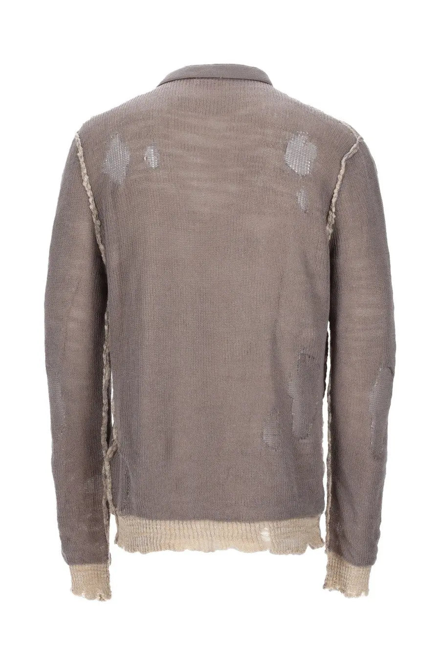 Diesel men’s Maglia Daianeris grey distressed knit sweater with intentional holes and beige ribbed hem and cuffs