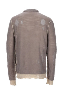 Diesel men’s Maglia Daianeris grey distressed knit sweater with intentional holes and beige ribbed hem and cuffs