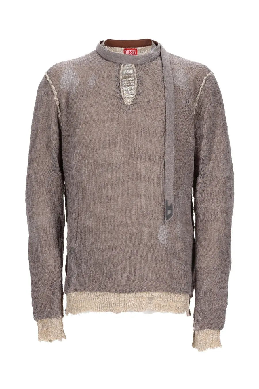 Diesel men’s maglia daianeris grey textured knit sweater with distressed details and contrasting beige ribbed hem