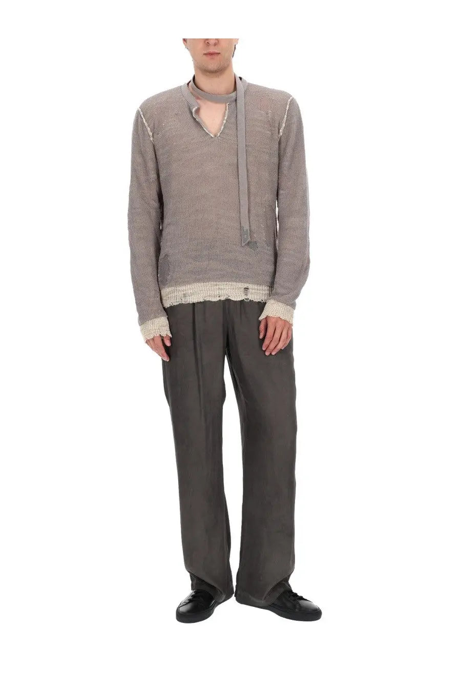 Diesel men’s maglia daianeris grey textured knit sweater with distressed edges and cream lace trim on cuffs and hem