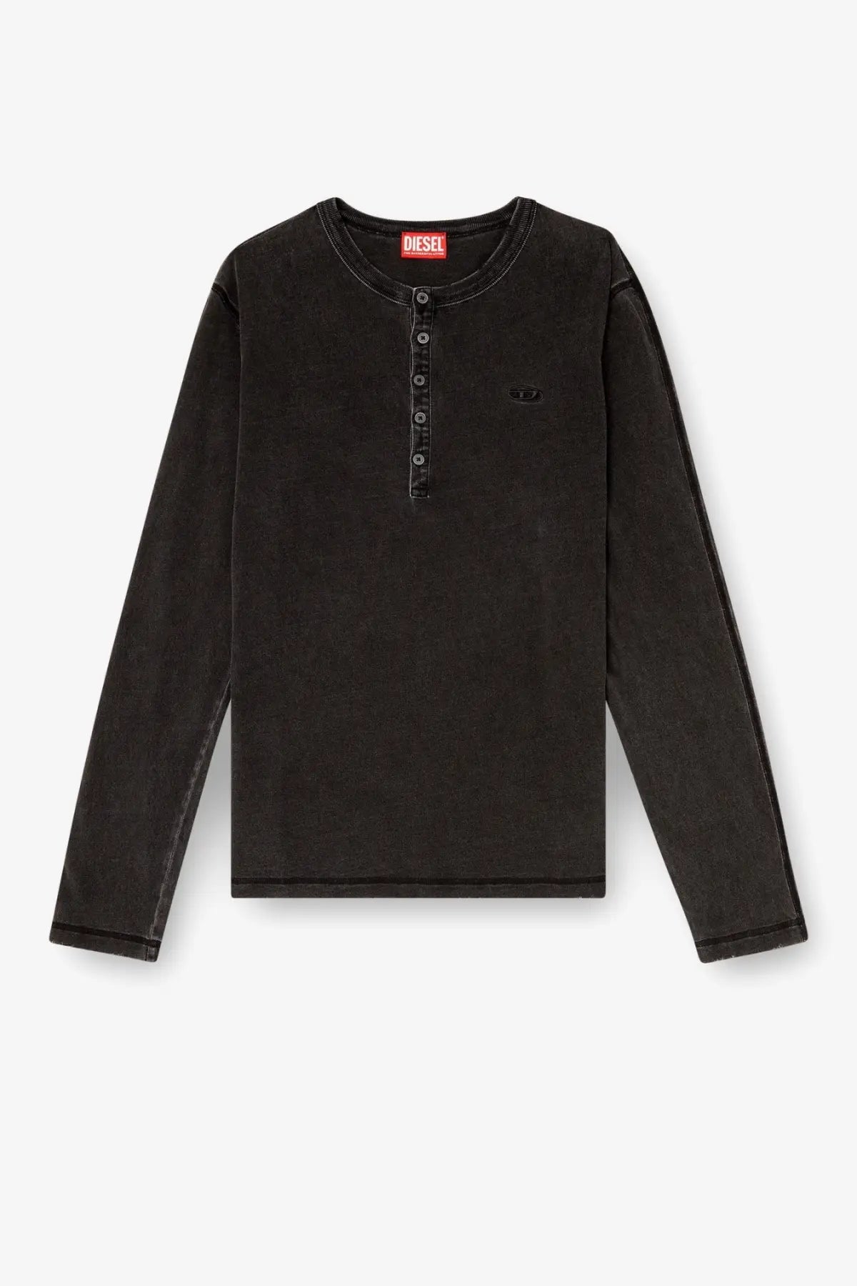Diesel men’s mind cotton shirt grey with black long-sleeved henley style and buttoned placket with embroidered logo