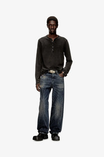 Dark gray diesel men’s mind cotton henley shirt with long sleeves buttoned placket and subtle chest logo
