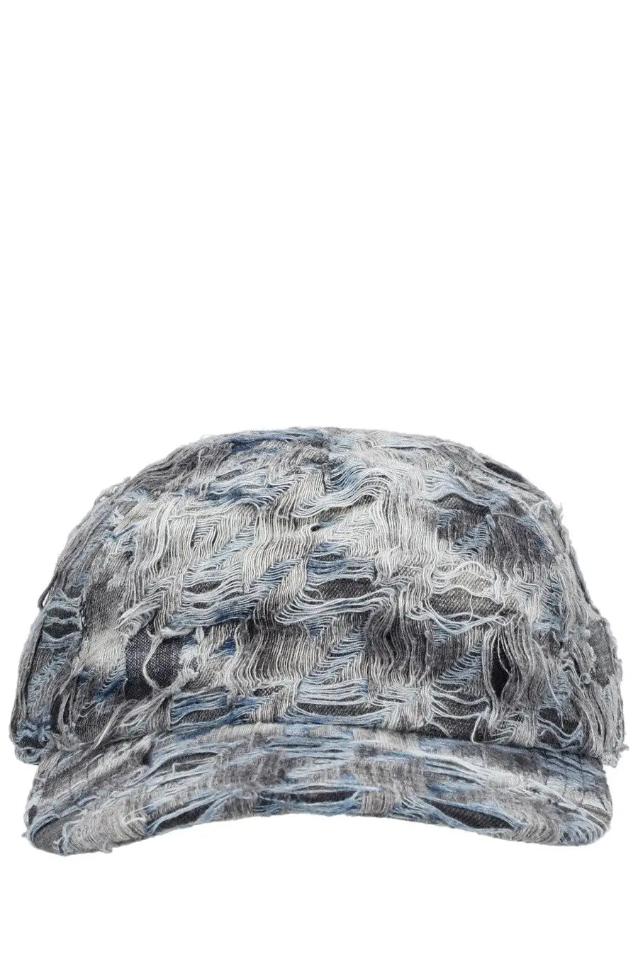 Diesel men’s pied baseball cap in grey with distressed denim fabric featuring frayed texture and faded blue-gray tones