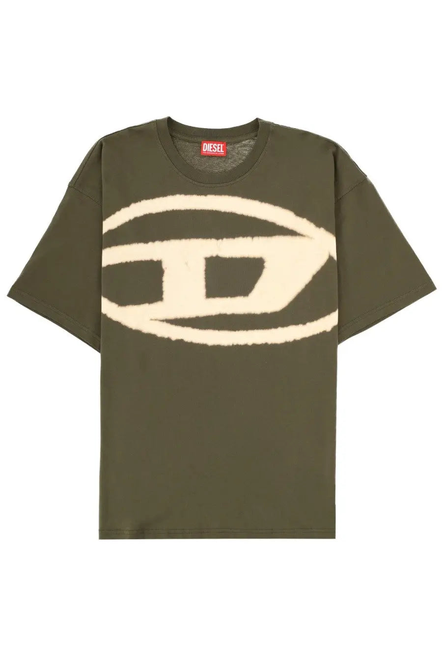 Diesel men’s olive green cotton t-shirt with a large cream embroidered logo across the chest for casual wear
