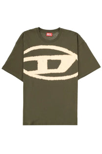 Olive green diesel men’s t-shirt with a large cream-colored embroidered logo across the chest in cotton material