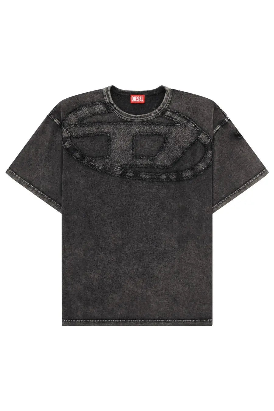 Diesel men’s black distressed denim t-shirt with a large textured Diesel logo appliqué across the chest