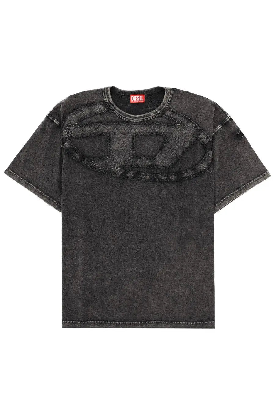 Black distressed denim t-shirt with large textured Diesel logo patch across the chest for men
