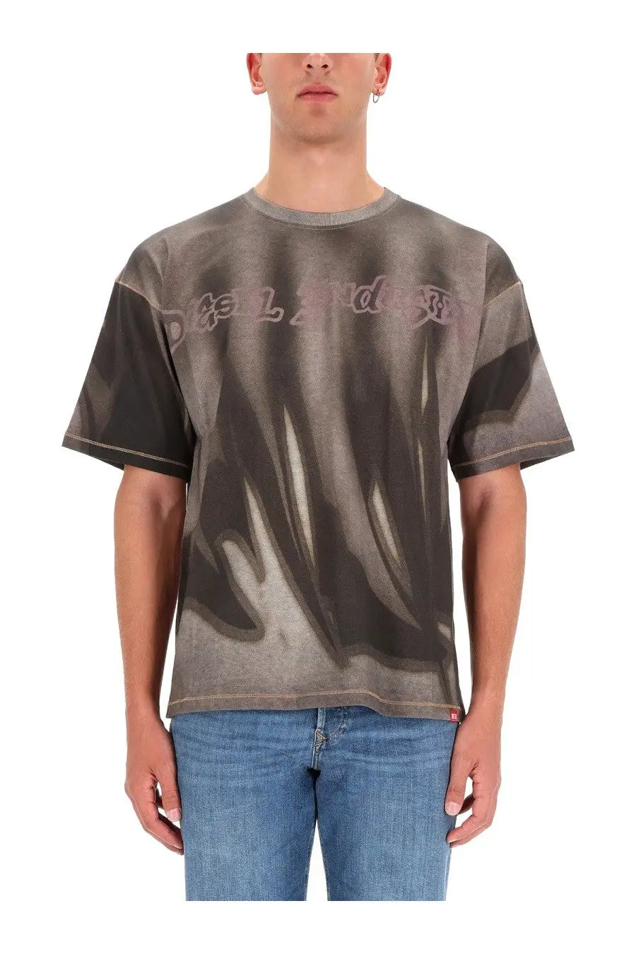 Diesel men’s faded gray diesel t-shirt with a distressed abstract graphic print on the front for casual wear