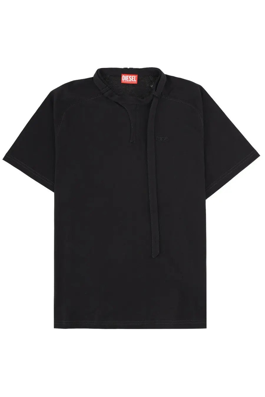 Diesel men’s black short-sleeved polo shirt with tie-front design and subtle brand logo on the chest