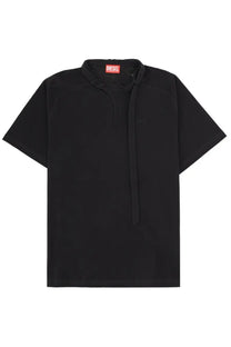 Diesel men’s black short-sleeved polo shirt with tie-front design and subtle brand logo on the chest
