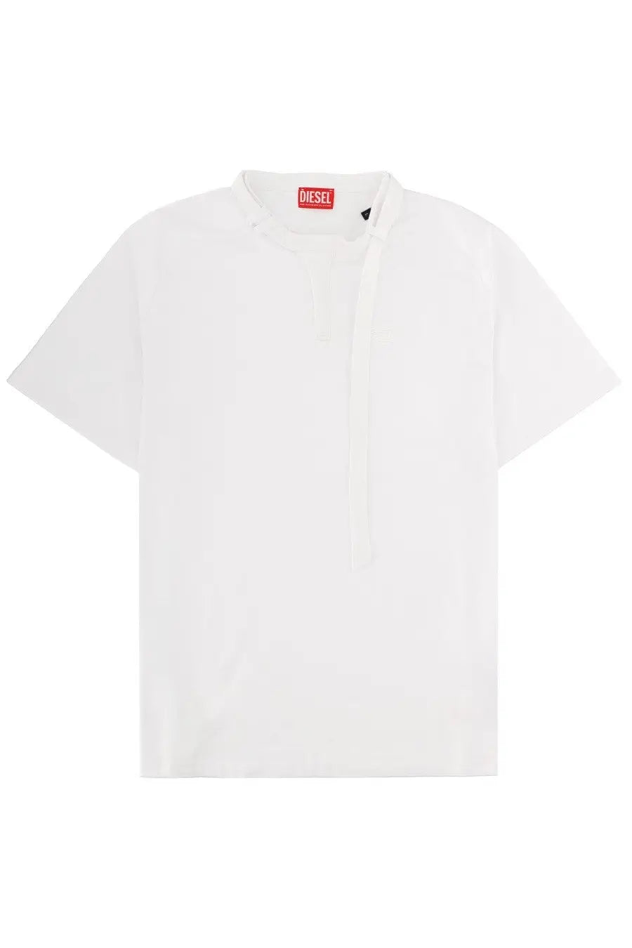 Diesel men’s white short-sleeved cotton t-shirt with a distinctive asymmetrical front tie detail