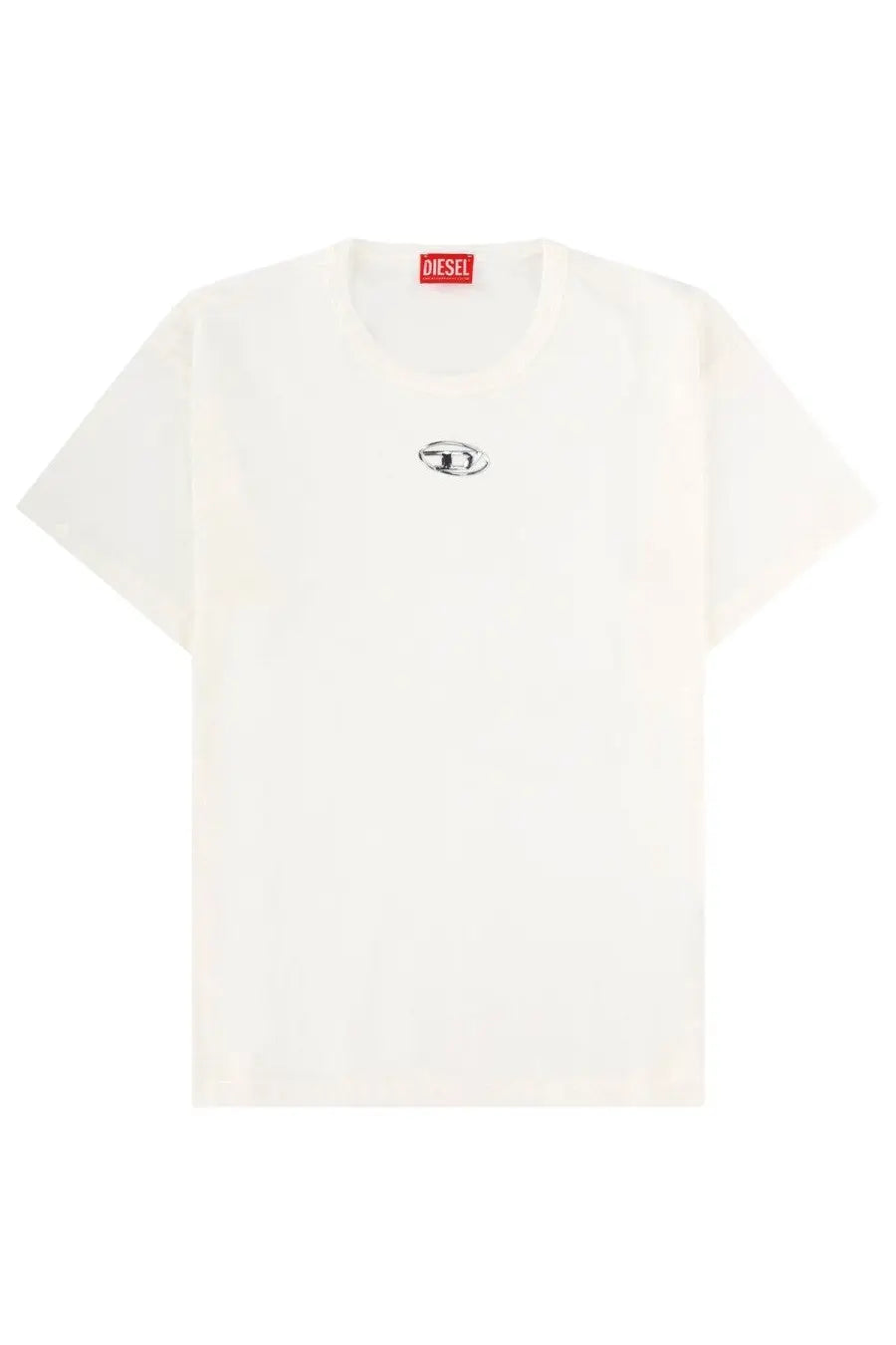 Diesel men’s white Norm Iod t-shirt with small black embroidered logo on chest and red brand tag at neckline