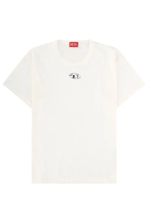Diesel men’s white Norm Iod t-shirt with small black embroidered logo on chest and red brand tag at neckline