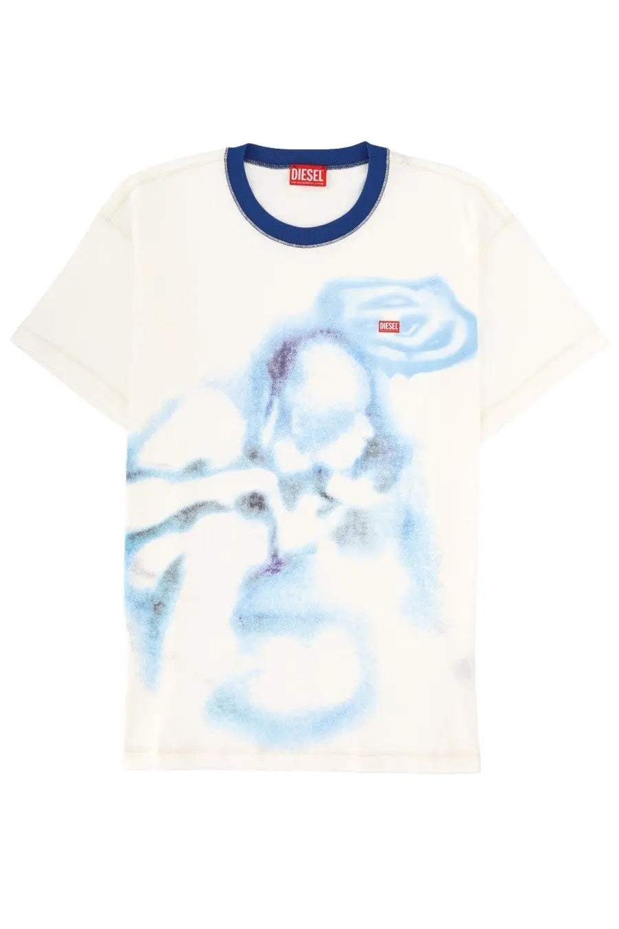 Diesel men’s cream-colored t-shirt with blue watercolor graphic and navy collar trim in norm white style