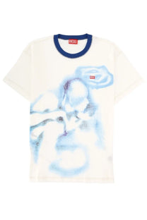 Cream-colored diesel men’s t-shirt norm white with blue watercolor graphic and navy collar trim in cotton material