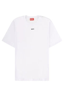 Diesel men’s white t-shirt made of soft cotton with black diesel lettering on chest and red brand tag at collar