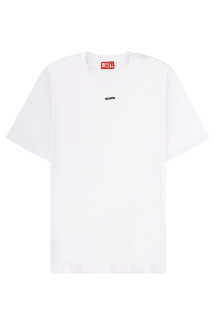 Diesel men’s white t-shirt with black diesel lettering on the chest and a red brand tag at the collar
