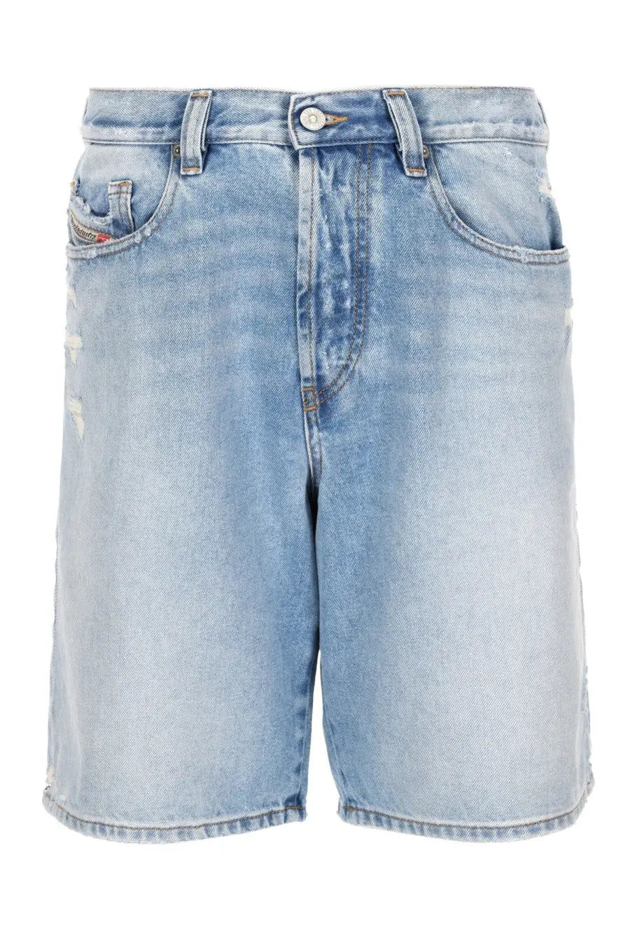 Diesel men’s denim blue shorts with light-wash distressed denim and subtle frayed edges