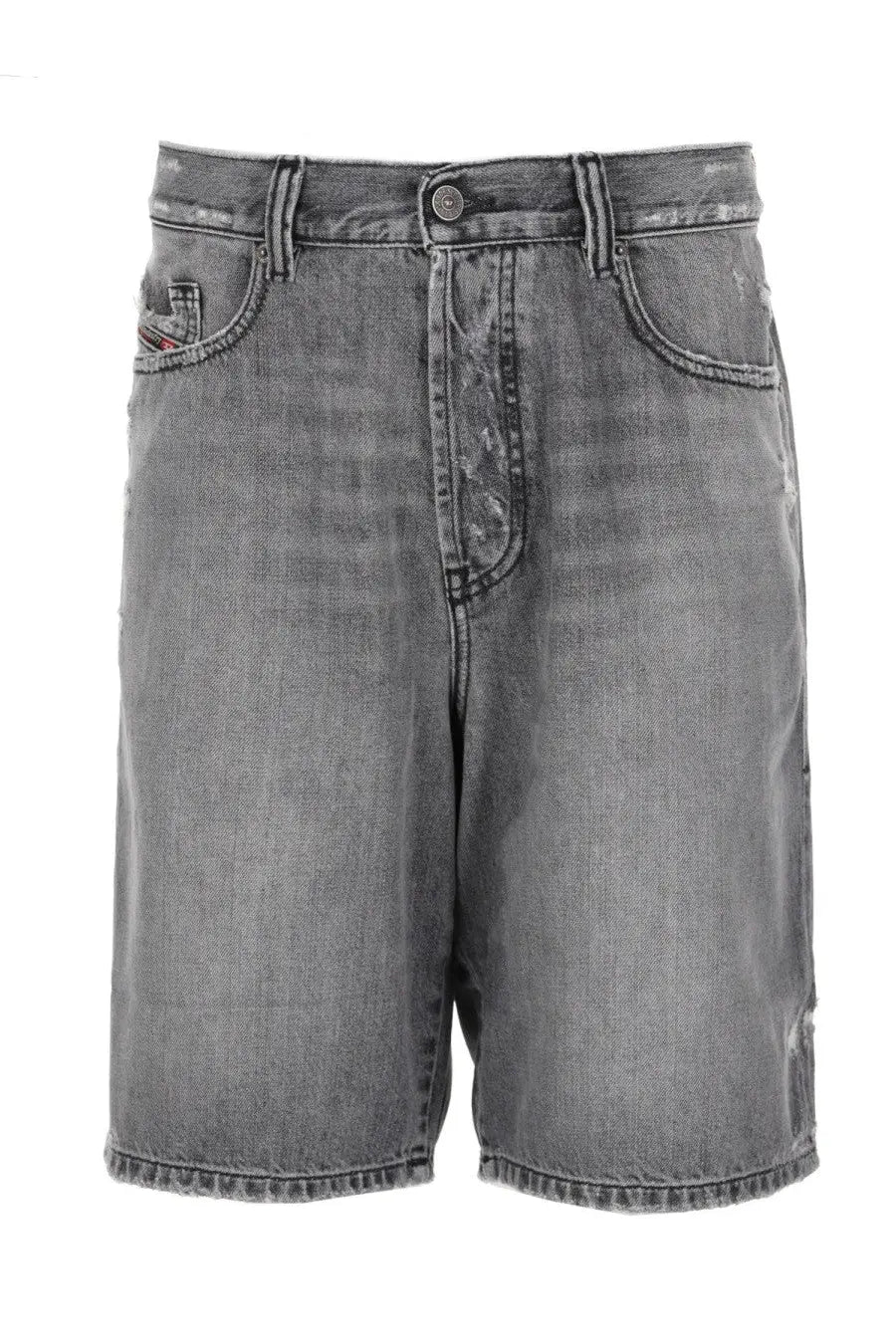 Diesel men’s grey distressed denim shorts with classic five-pocket design and visible Diesel brand patch on waistband