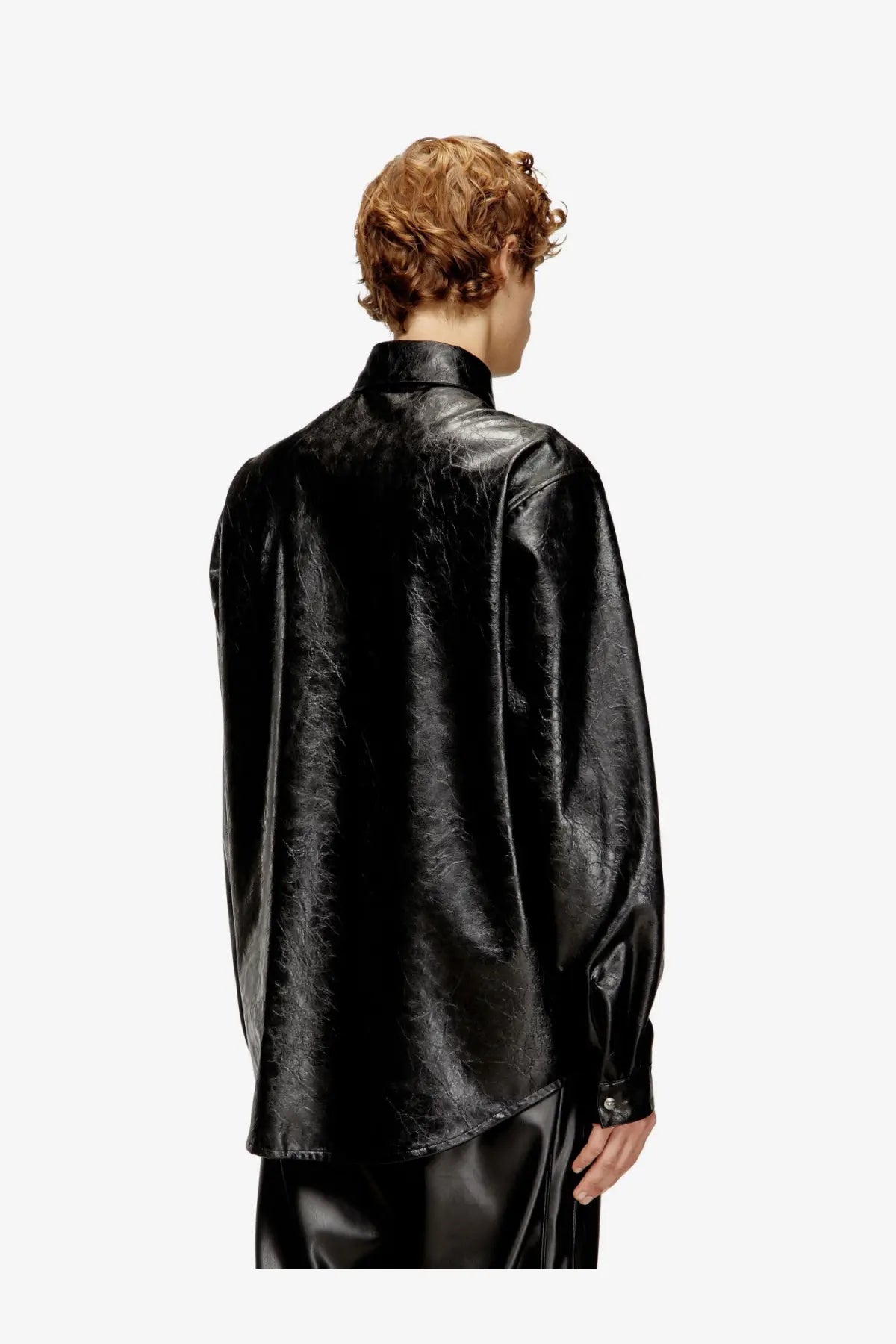 Diesel men’s simply Qmbu black faux leather shirt with subtle textured finish and classic collar front view