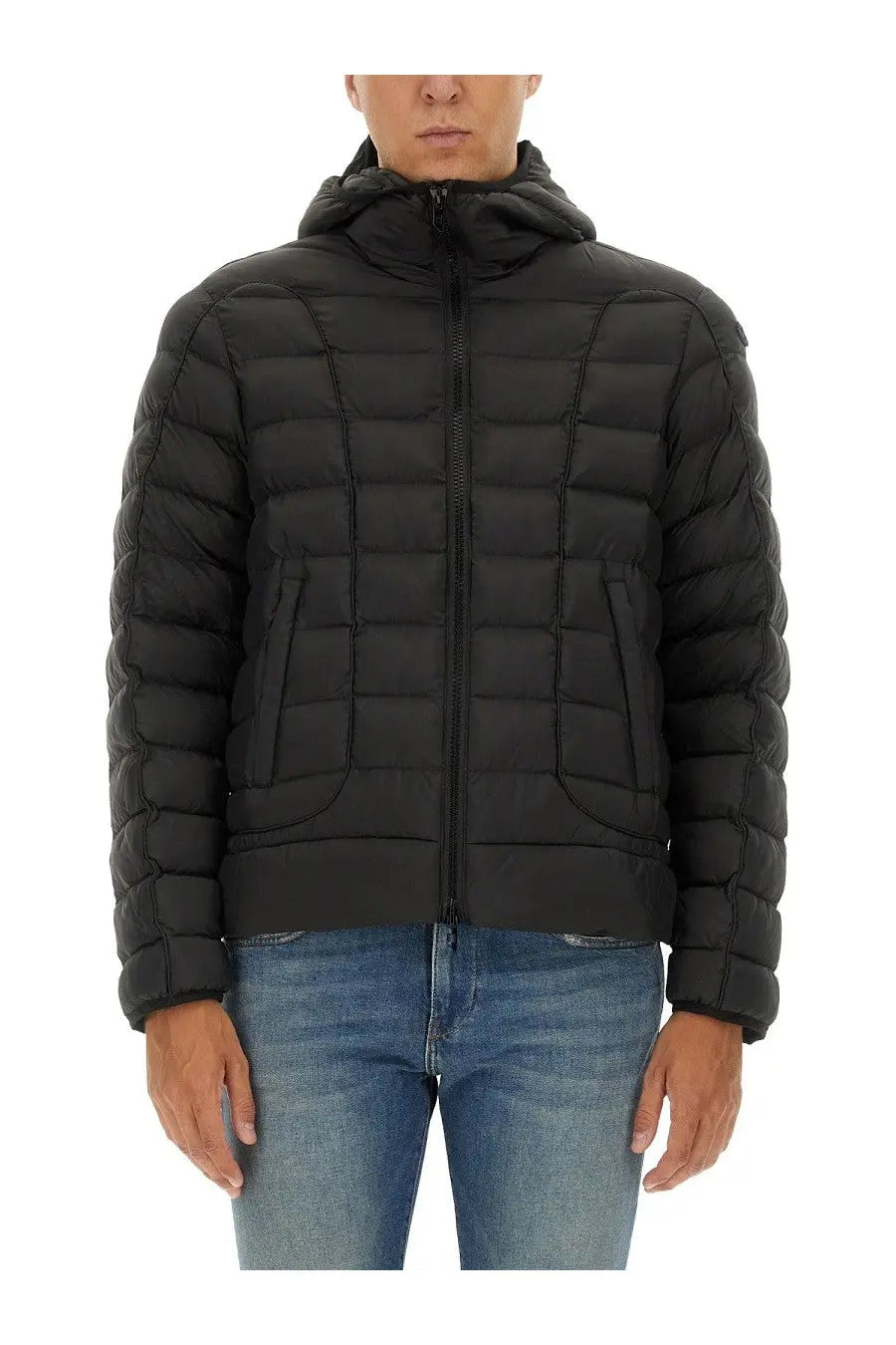 Diesel men’s stone jacket black quilted hooded puffer jacket with central zipper and two front pockets