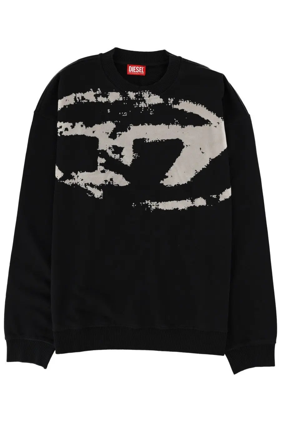 Diesel men’s black sweatshirt featuring a distressed white graphic across the chest for casual wear