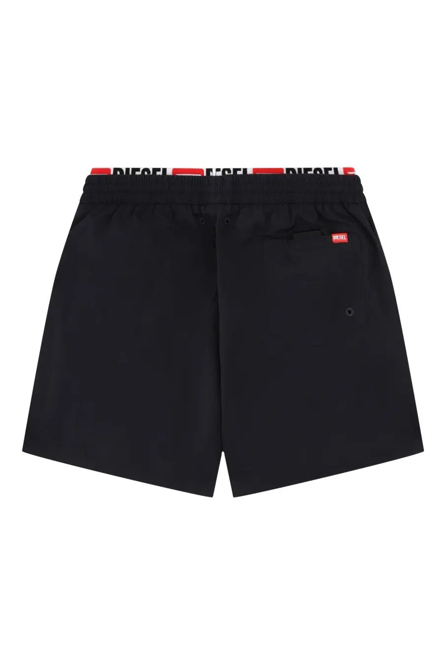Black diesel men’s swimsuit swim trunks with red and white branded waistband for beachwear and swimming