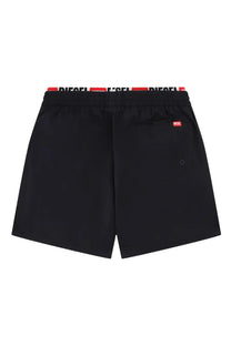 Black diesel men’s swimsuit swim trunks with red and white branded waistband for beachwear and swimming