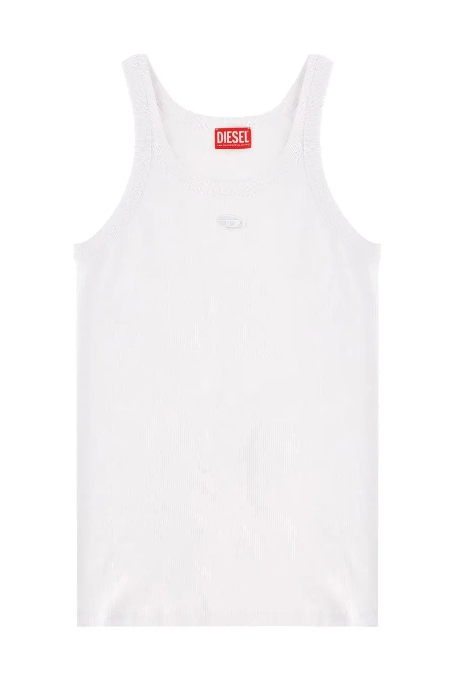 Diesel men’s white tank top with subtle embroidered logo on chest and red brand tag at neckline