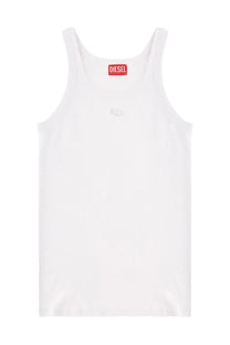 Diesel men’s white tank top with subtle embroidered logo on chest and red brand tag at neckline
