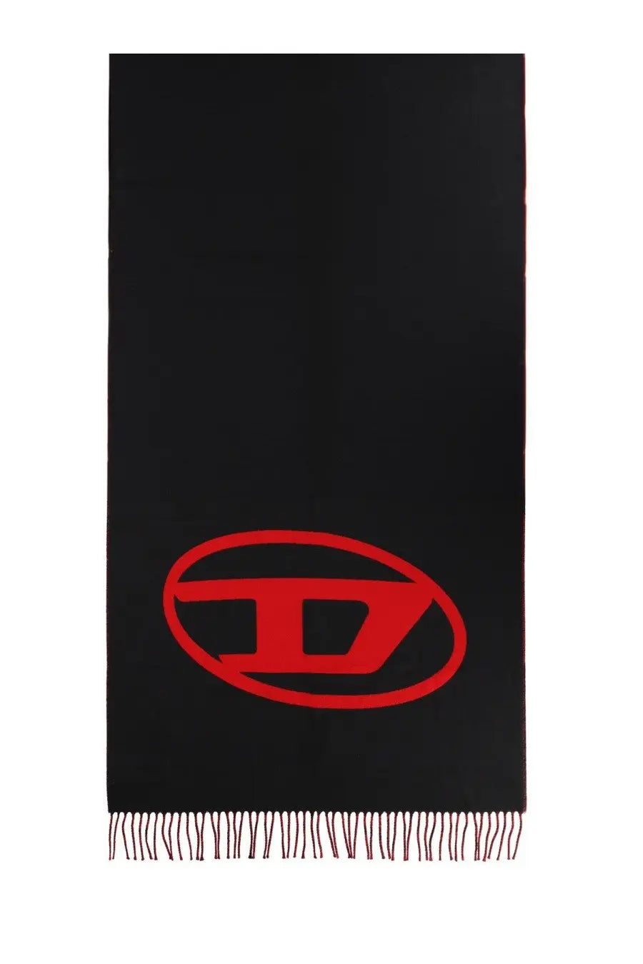 Diesel men’s Tevie scarf black knit with a bold red oval logo and fringed edges for stylish warmth