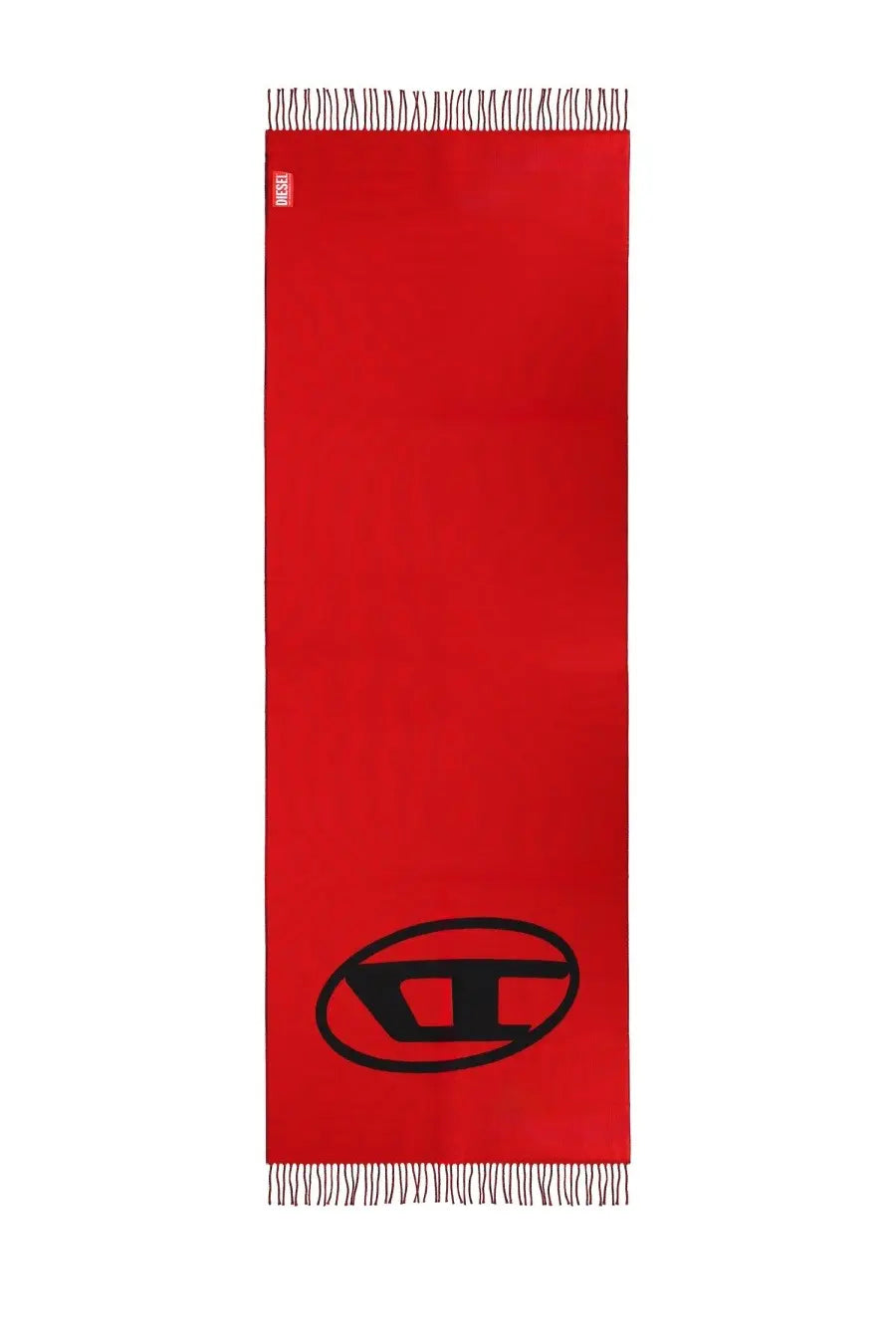 Diesel men’s tevie scarf in vibrant red with black logo and fringed edges made from soft material