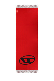 Diesel men’s tevie scarf in vibrant red with black logo and fringed edges made from soft material